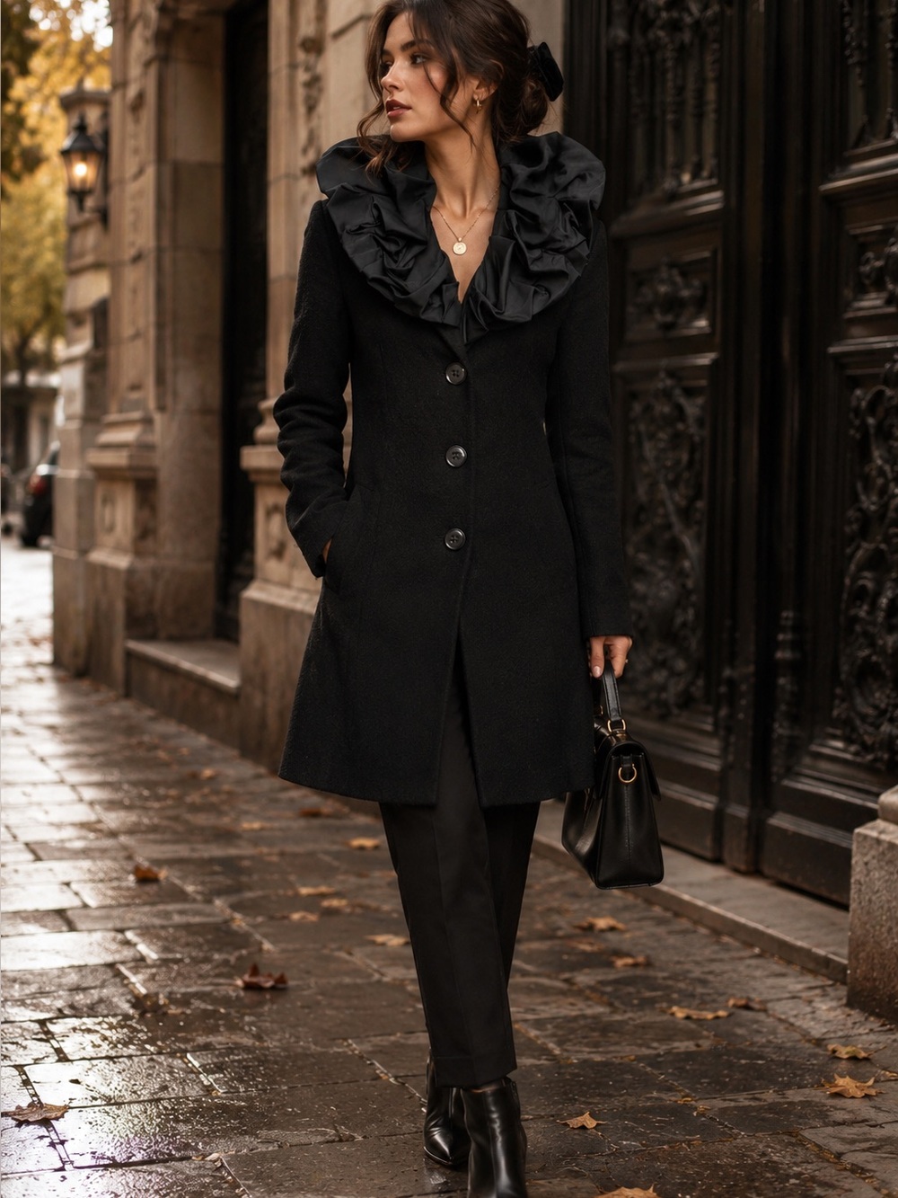 CAbi Style 528 Black 100% Wool Ruffle Collar Coat Jacket XS Romantic